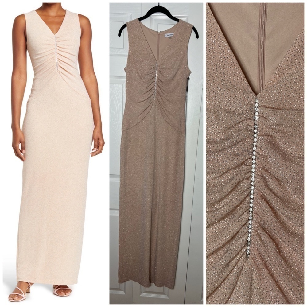 Calvin Klein Beige Glitter Knit Rhinestone Maxi Gown Dress Sleeveless Size 8